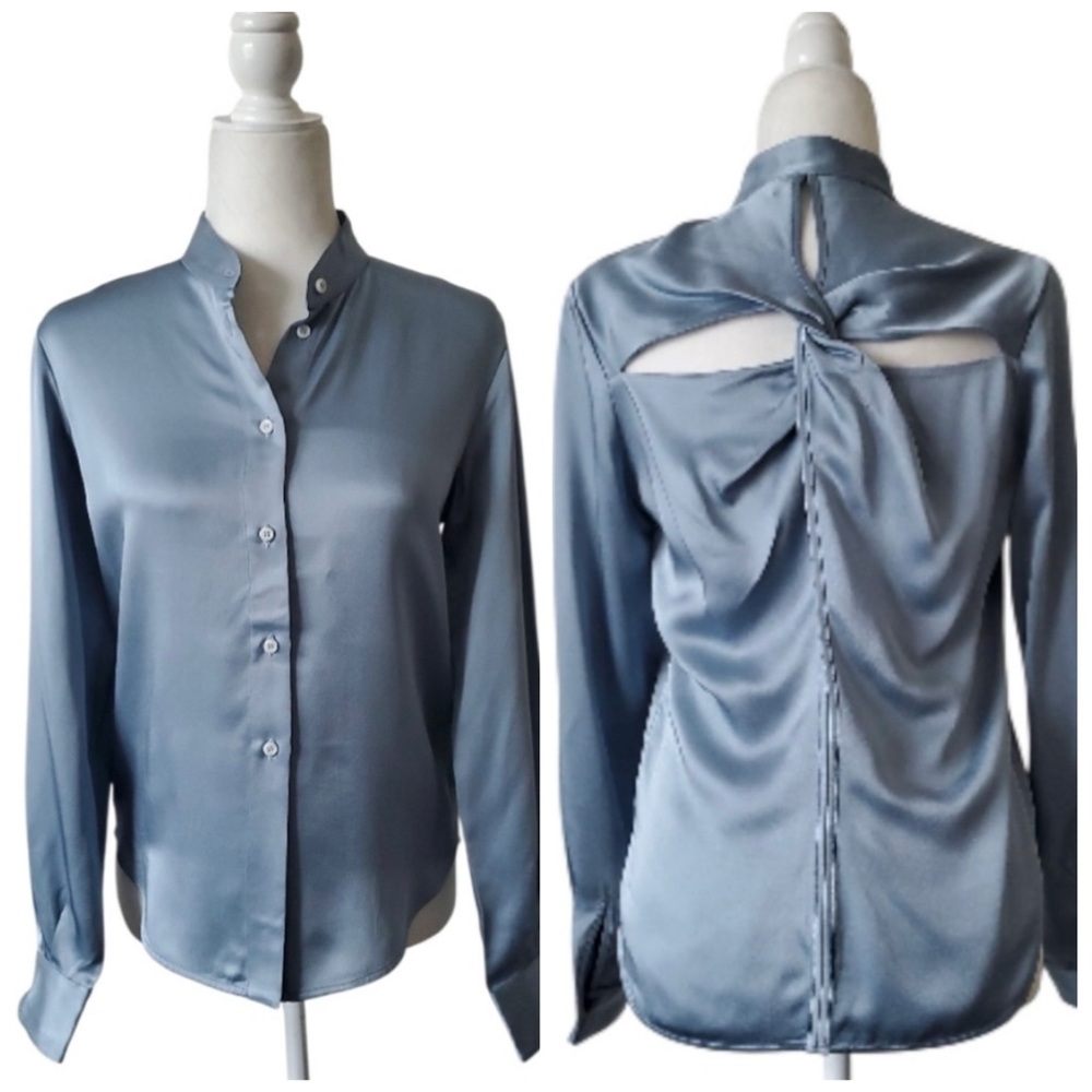 NWT RtA Blue Satin Twist Back Banded Collar Long Sleeve Button Up Shirt  XXS
